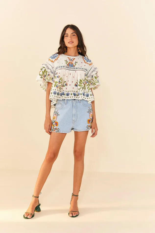 Summer Garden Embroidered Denim Shorts Women Farm Rio Shorts