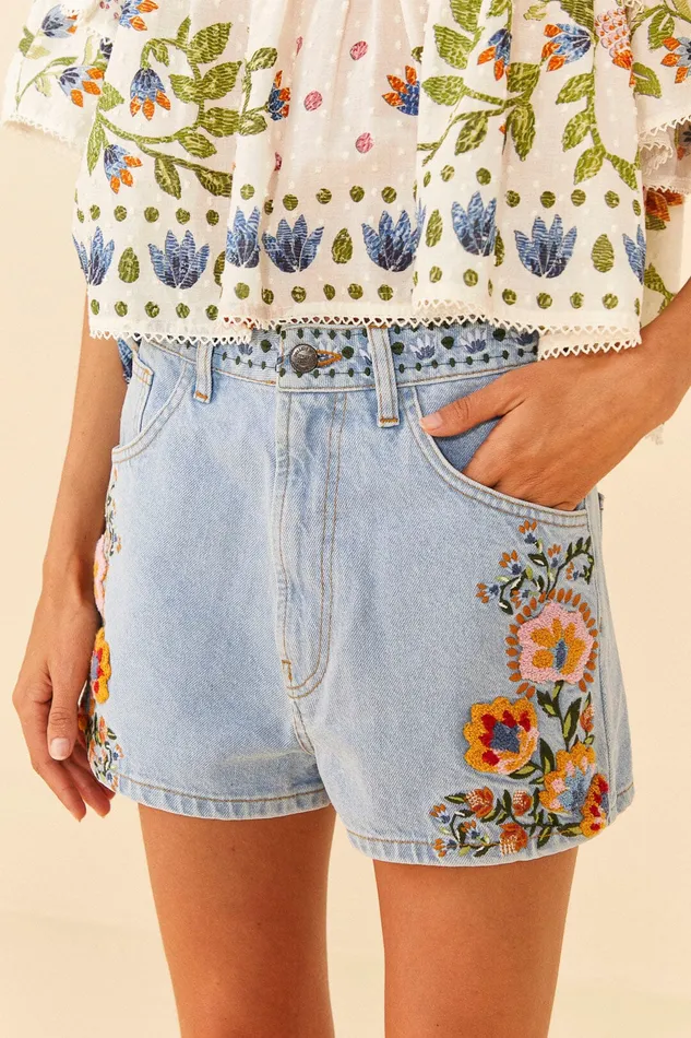 Summer Garden Embroidered Denim Shorts Women Farm Rio Shorts