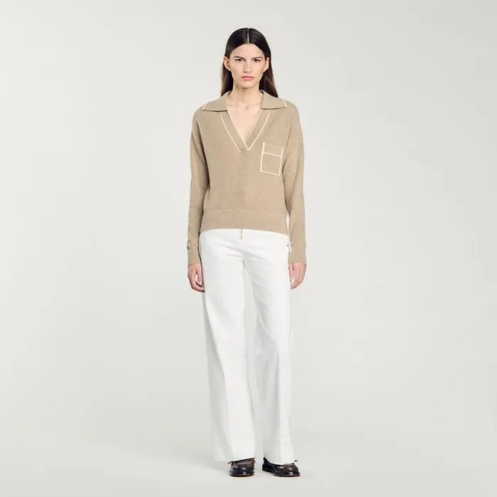 Sweaters and Cardigans Women SANDRO Open PoloCollar Neck Sweater Beige