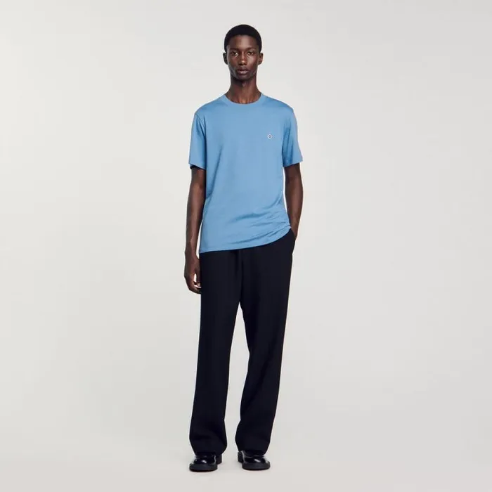 Tshirts and Polos Men SANDRO Tshirt With Square Cross Patch Blue Jean