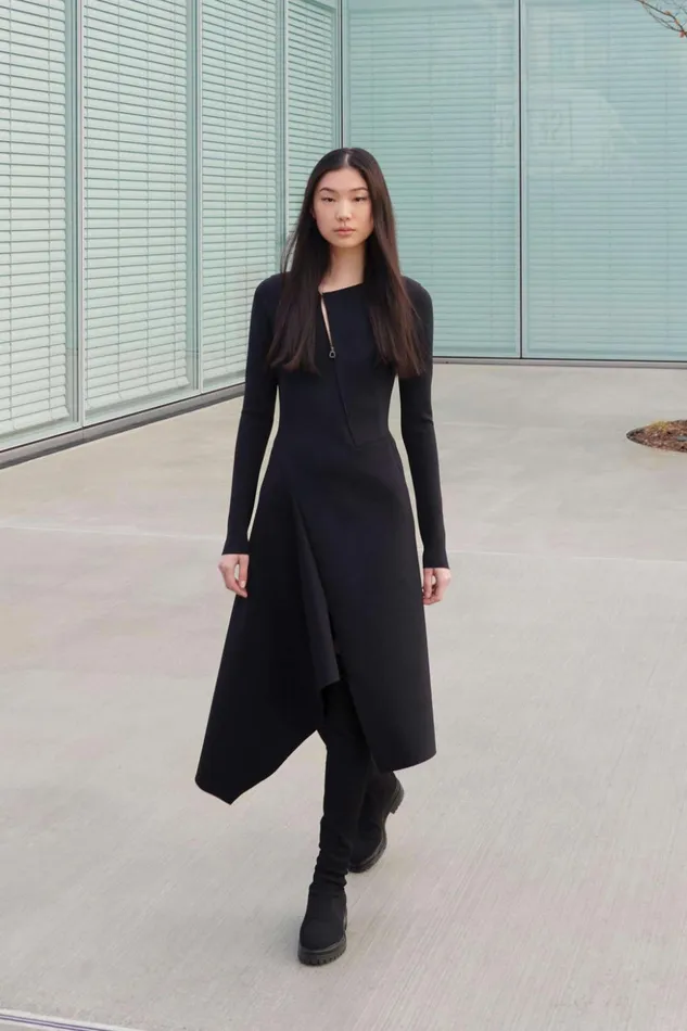 Techno Neoprene Asymmetrical Midi Dress Black Women Akris Dresses