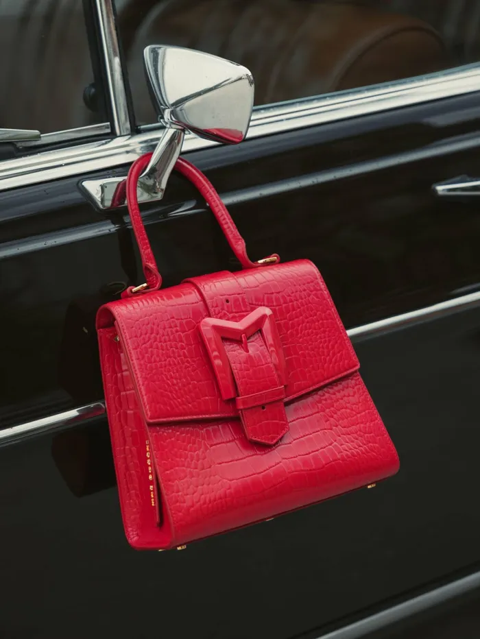 Top Handle Bags Women Buckled Medium Croco Cherry Leather Handbag with Detachable Strap Cherry Mac Duggal