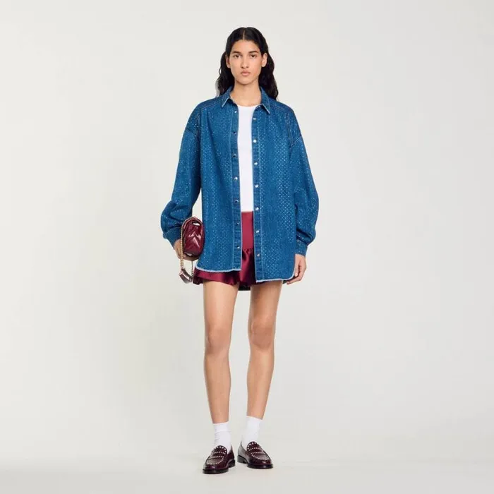 Tops and Shirts Women SANDRO Denim Shirt With Rhinestones Blue Jean