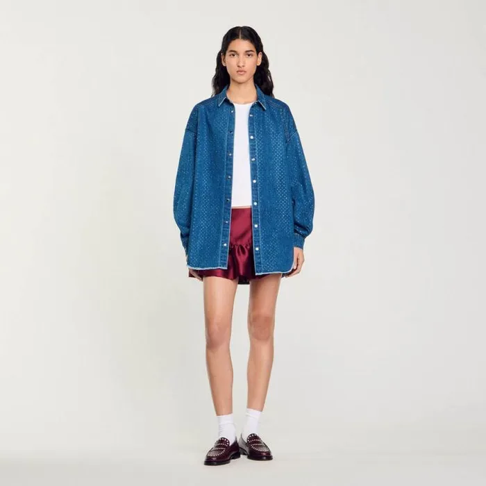 Tops and Shirts Women SANDRO Denim Shirt With Rhinestones Blue Jean
