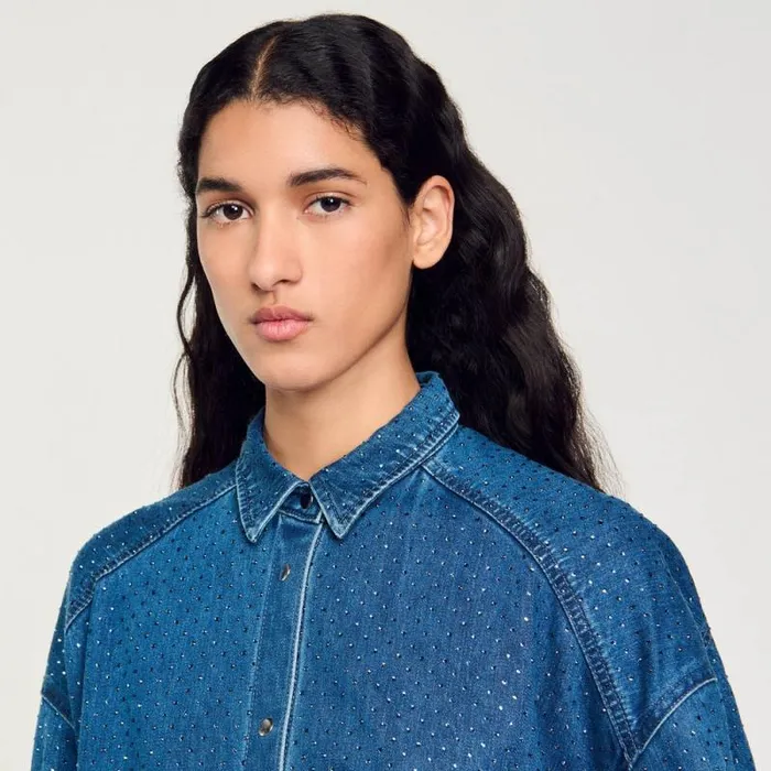 Tops and Shirts Women SANDRO Denim Shirt With Rhinestones Blue Jean
