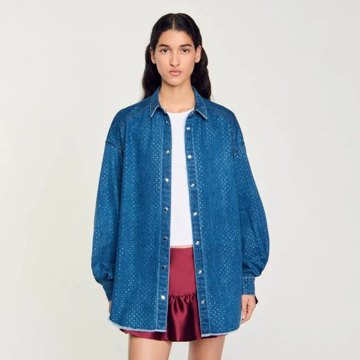 Tops and Shirts Women SANDRO Denim Shirt With Rhinestones Blue Jean