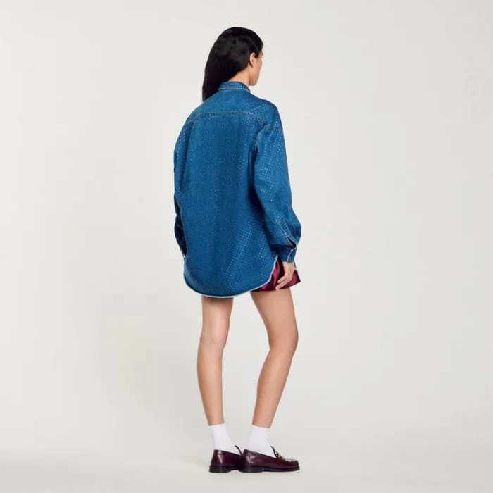 Tops and Shirts Women SANDRO Denim Shirt With Rhinestones Blue Jean