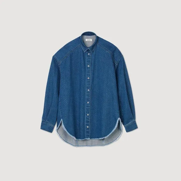Tops and Shirts Women SANDRO Denim Shirt With Rhinestones Blue Jean