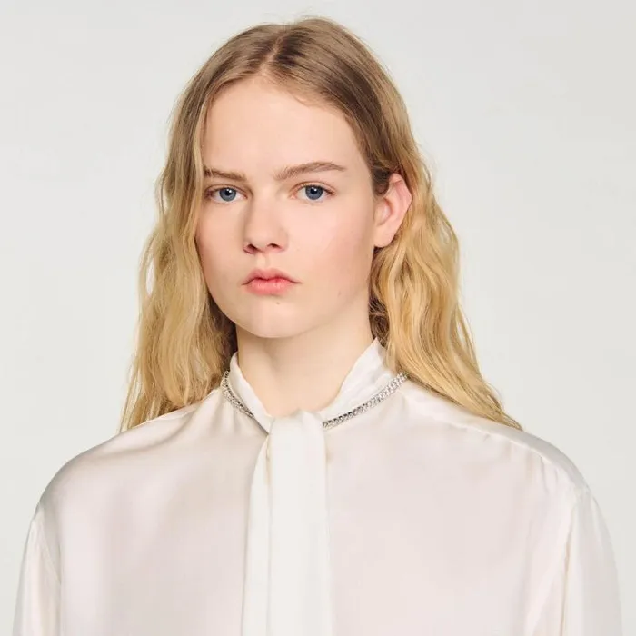 Tops and Shirts Women SANDRO Short Silk Shirt Ecru