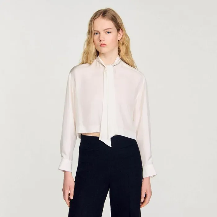 Tops and Shirts Women SANDRO Short Silk Shirt Ecru