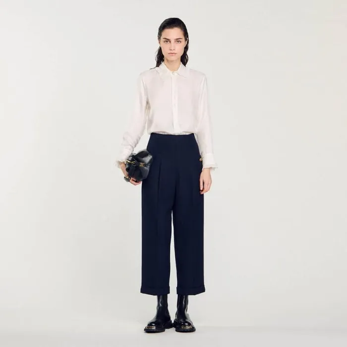 Tops and Shirts Women SANDRO Silk Shirt With Pleated Trim Ecru