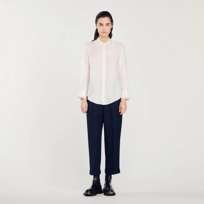 Tops and Shirts Women SANDRO Silk Shirt With Pleated Trim Ecru Tops and Shirts Women SANDRO Silk Shirt With Pleated Trim Ecru