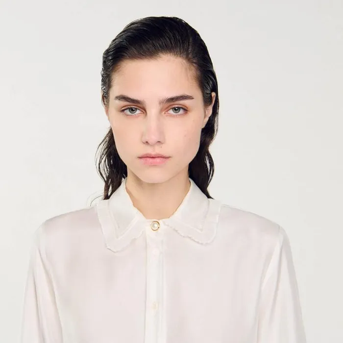 Tops and Shirts Women SANDRO Silk Shirt With Pleated Trim Ecru Tops and Shirts Women SANDRO Silk Shirt With Pleated Trim Ecru
