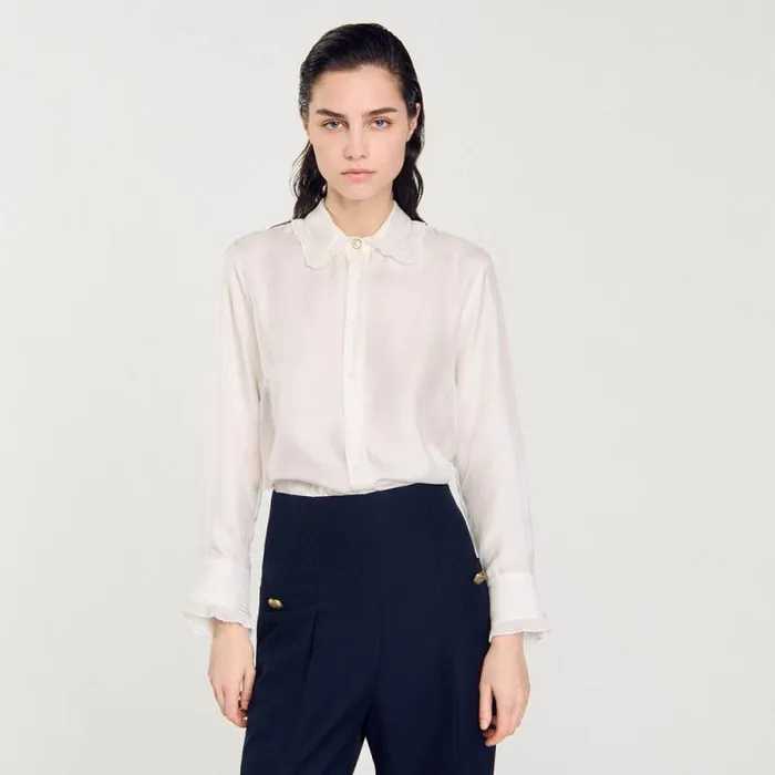 Tops and Shirts Women SANDRO Silk Shirt With Pleated Trim Ecru Tops and Shirts Women SANDRO Silk Shirt With Pleated Trim Ecru