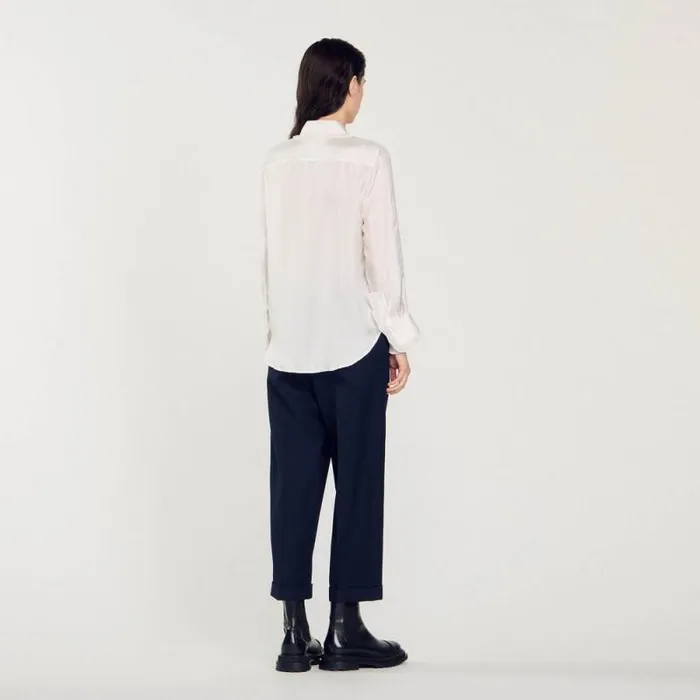 Tops and Shirts Women SANDRO Silk Shirt With Pleated Trim Ecru Tops and Shirts Women SANDRO Silk Shirt With Pleated Trim Ecru