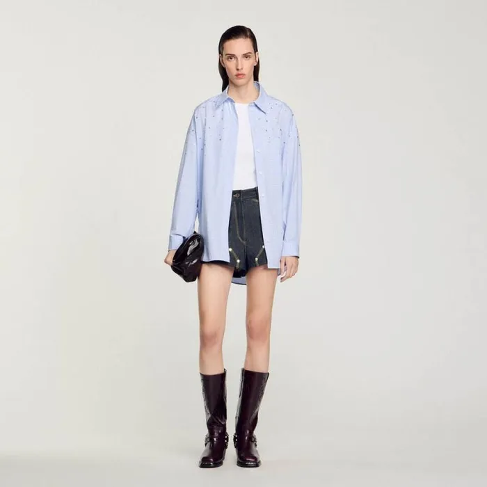 Tops and Shirts Women SANDRO Studded Check Shirt Sky Blue