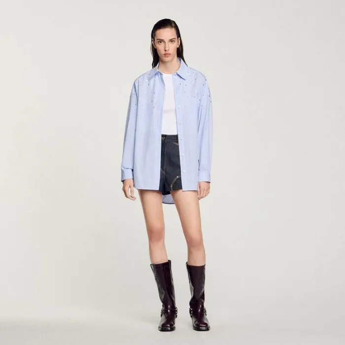 Tops and Shirts Women SANDRO Studded Check Shirt Sky Blue