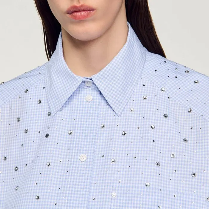 Tops and Shirts Women SANDRO Studded Check Shirt Sky Blue