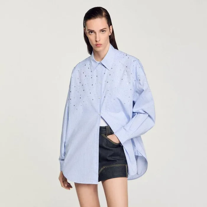 Tops and Shirts Women SANDRO Studded Check Shirt Sky Blue