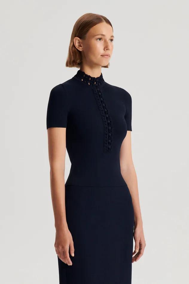 Tops Women CREPE KNIT DAISY SHORT SLEEVE TOP NAVY Scanlan Theodore Tops Women CREPE KNIT DAISY SHORT SLEEVE TOP NAVY Scanlan Theodore