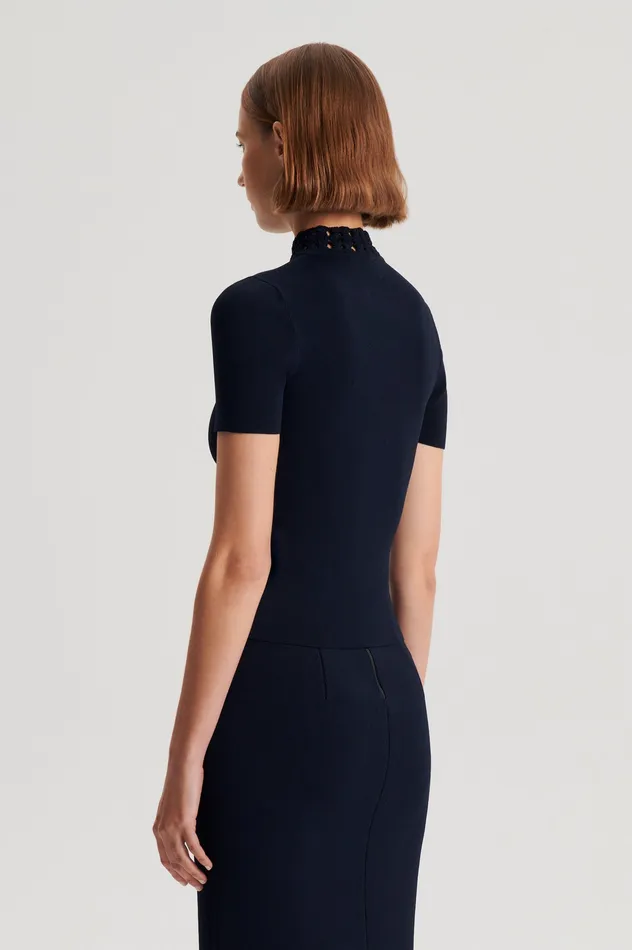 Tops Women CREPE KNIT DAISY SHORT SLEEVE TOP NAVY Scanlan Theodore Tops Women CREPE KNIT DAISY SHORT SLEEVE TOP NAVY Scanlan Theodore