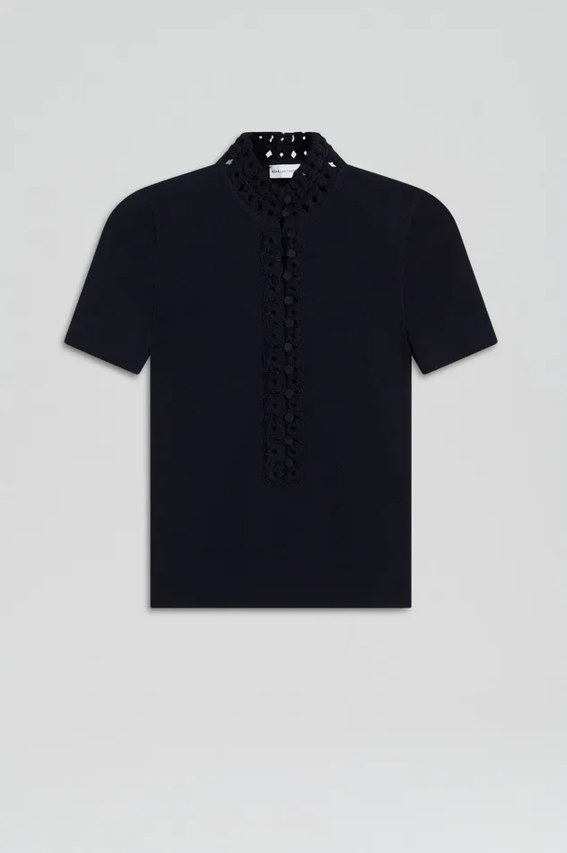 Tops Women CREPE KNIT DAISY SHORT SLEEVE TOP NAVY Scanlan Theodore Tops Women CREPE KNIT DAISY SHORT SLEEVE TOP NAVY Scanlan Theodore