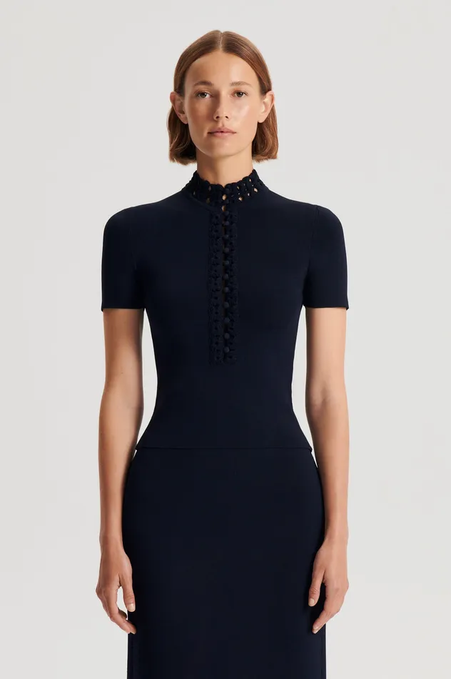 Tops Women CREPE KNIT DAISY SHORT SLEEVE TOP NAVY Scanlan Theodore Tops Women CREPE KNIT DAISY SHORT SLEEVE TOP NAVY Scanlan Theodore