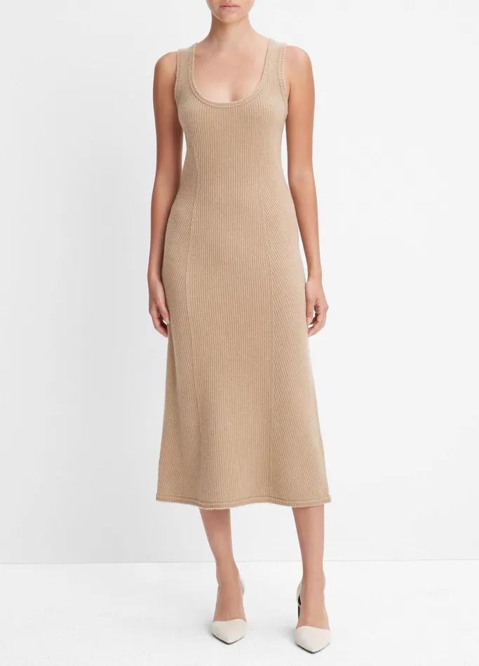 Vince Dresses Women Ribbed Wool And Cashmere RawEdge Dress Cashew