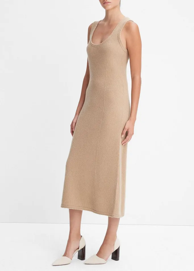 Vince Dresses Women Ribbed Wool And Cashmere RawEdge Dress Cashew