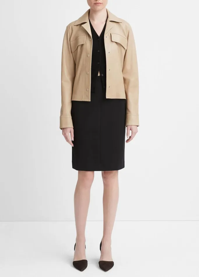 Vince Shirts and Tops Women Leather Cropped SnapFront Shirt Jacket Sesame