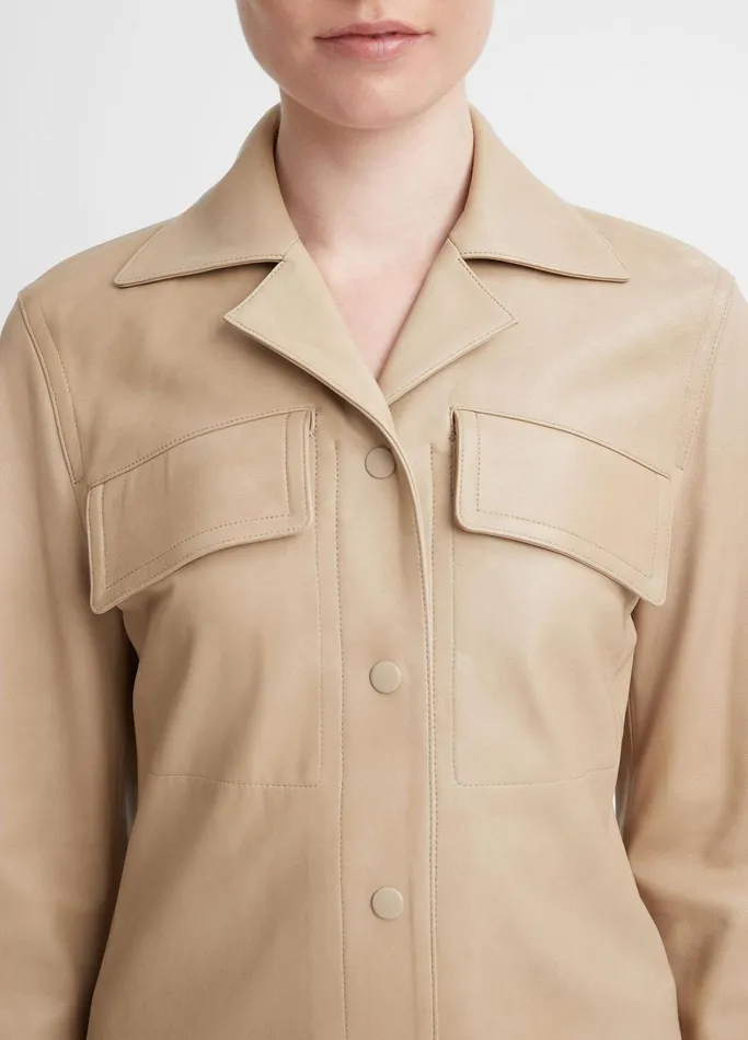 Vince Shirts and Tops Women Leather Cropped SnapFront Shirt Jacket Sesame