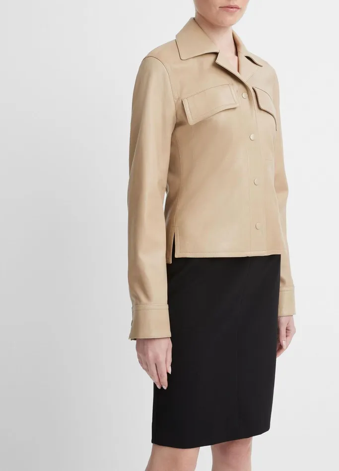Vince Shirts and Tops Women Leather Cropped SnapFront Shirt Jacket Sesame