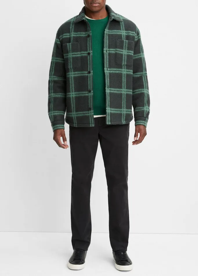 Vince Shirts Men Windowpane SherpaLined Shirt Jacket Midnight Forestmineral Green