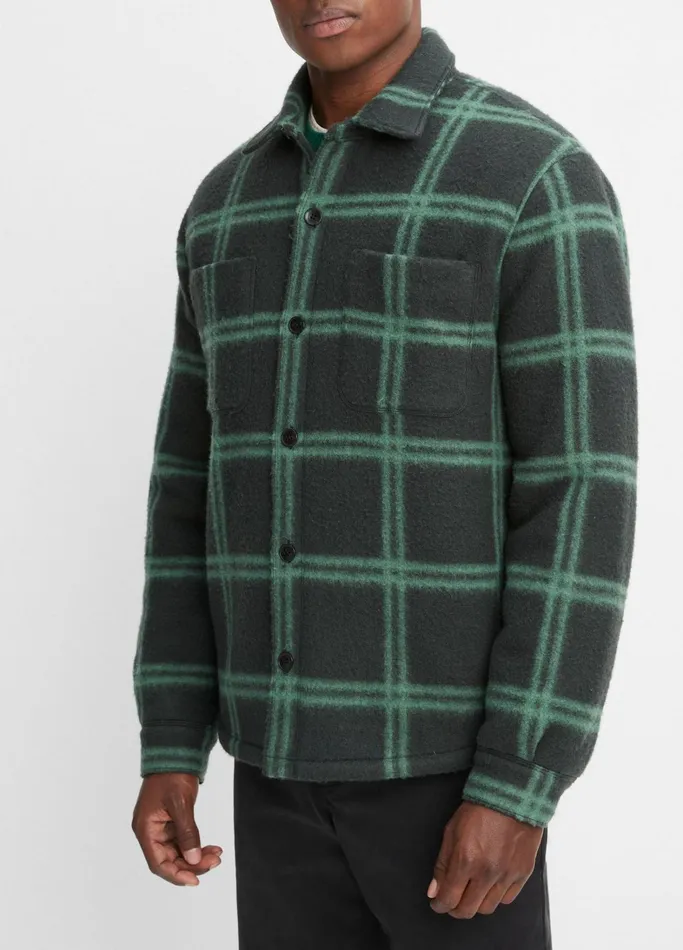 Vince Shirts Men Windowpane SherpaLined Shirt Jacket Midnight Forestmineral Green