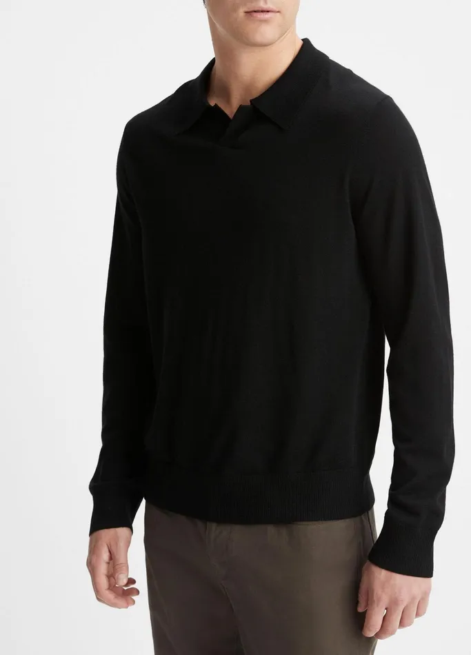 Vince Sweaters Men Merino Wool LongSleeve Johnny Collar Shirt Black