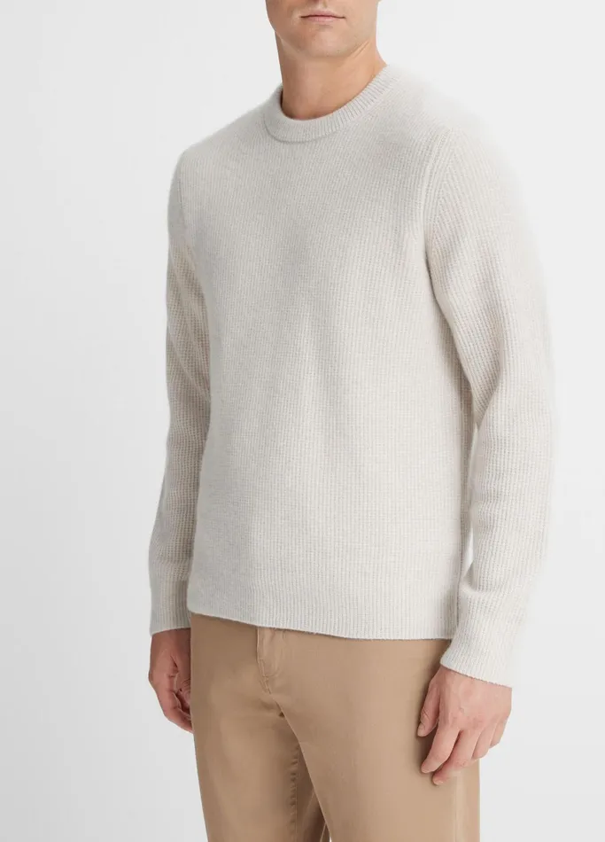 Vince Sweaters Men Plush Cashmere Thermal Sweater Heather White Combo