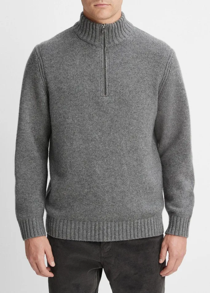 Vince Sweaters Men WoolCashmere Relaxed QuarterZip Sweater Medium Heather Grey