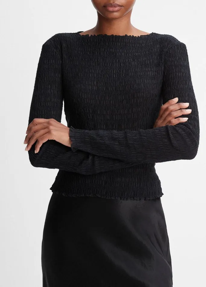 Vince TShirts Women Smocked LongSleeve Top Black