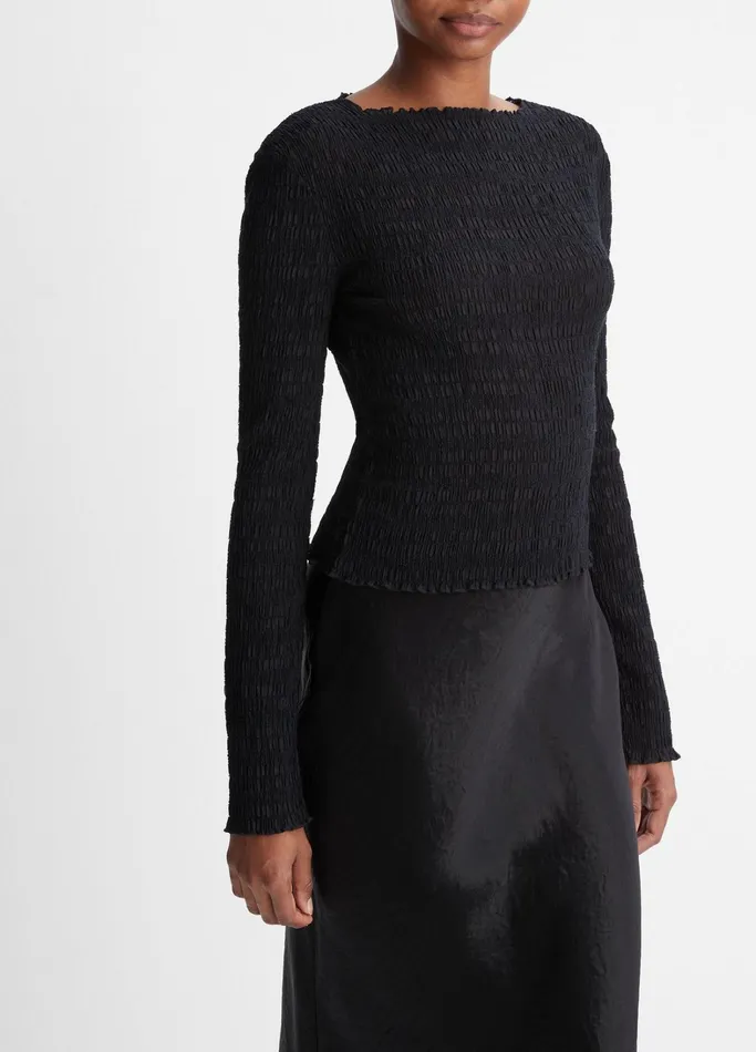 Vince TShirts Women Smocked LongSleeve Top Black