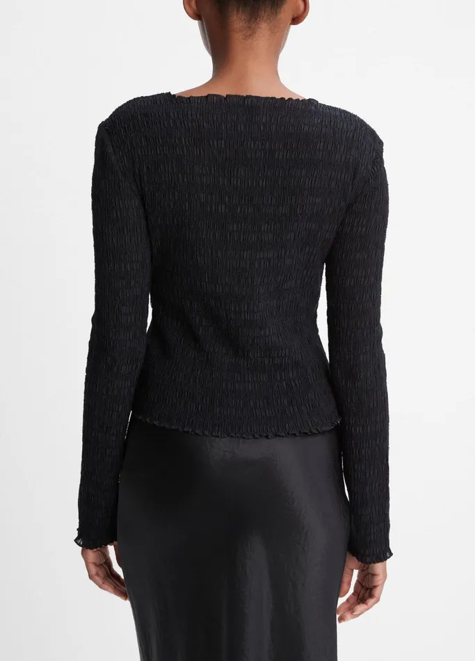 Vince TShirts Women Smocked LongSleeve Top Black