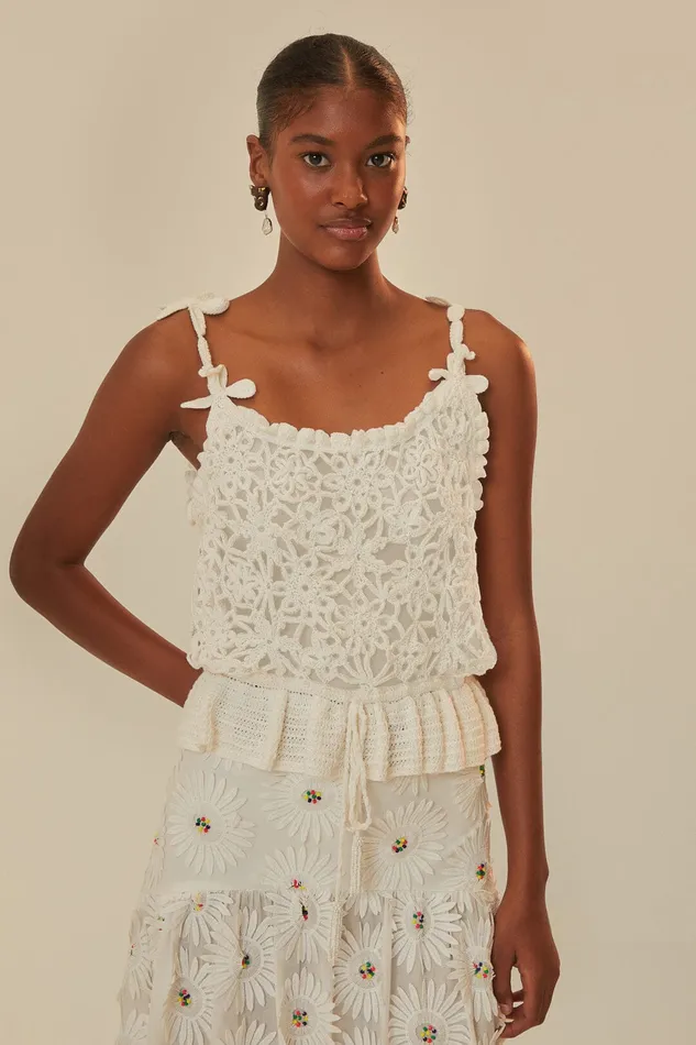 White Flowers Crochet Top Women Farm Rio Crop Tops