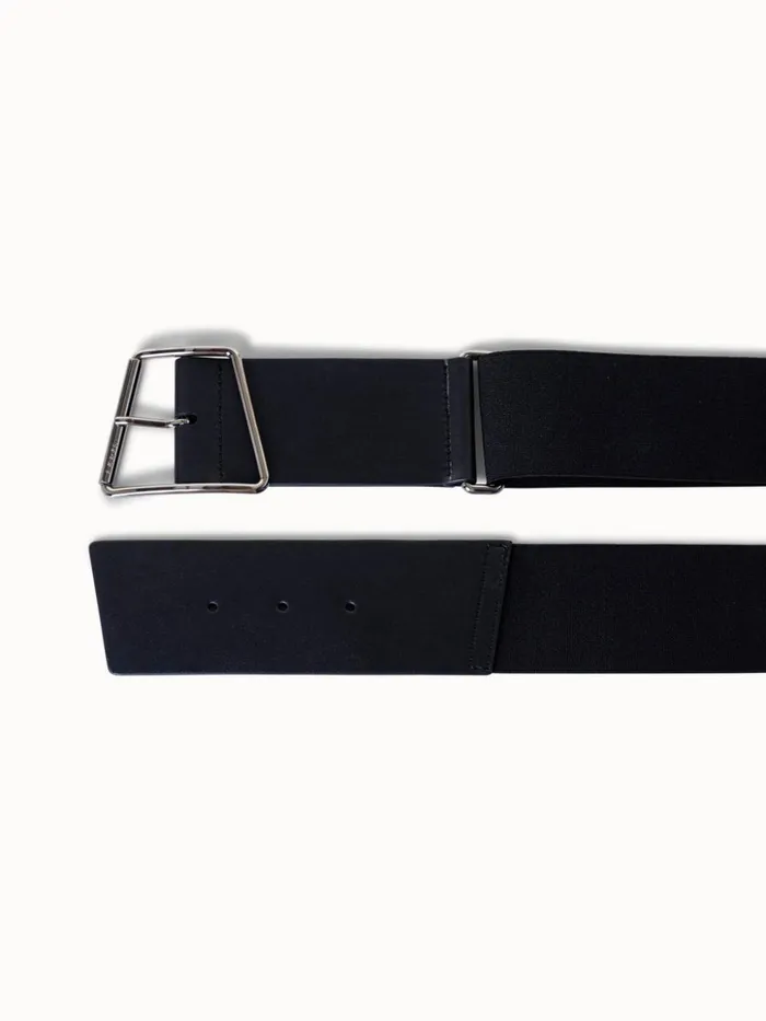 Wide Leather And Elastic Belt With Trapezoid Buckle Black Women Akris Belts