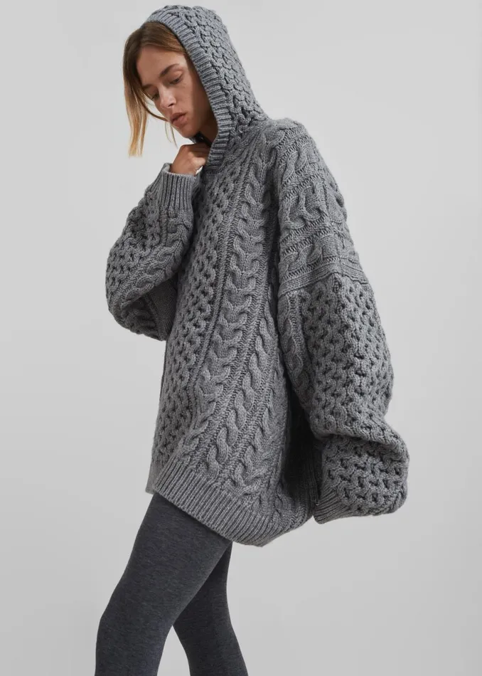 Women Adare Braided Knit Hoodie 8211 Grey The Frankie Shop Knitwear