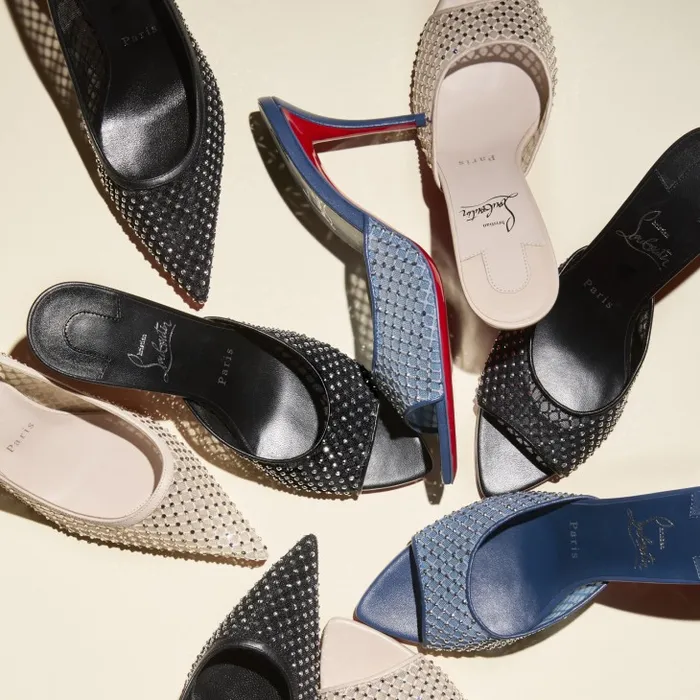 Women Apostropha Mule Mesh Strass 80 Mm Mules 8211 Mesh Nappa Leather And Strass 8211 Denim Christian Louboutin Sandals and Slides