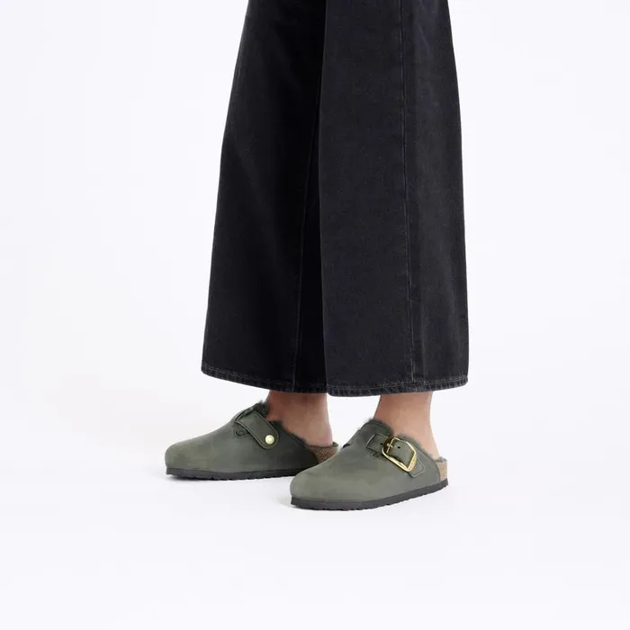 Women Birkenstock Clogs Boston Big Buckle Shearling Thyme