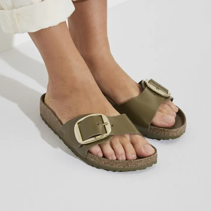 Women Birkenstock OneStrap Madrid Big Buckle High Shine Mud Green