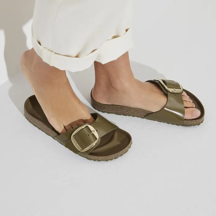 Women Birkenstock OneStrap Madrid Big Buckle High Shine Mud Green