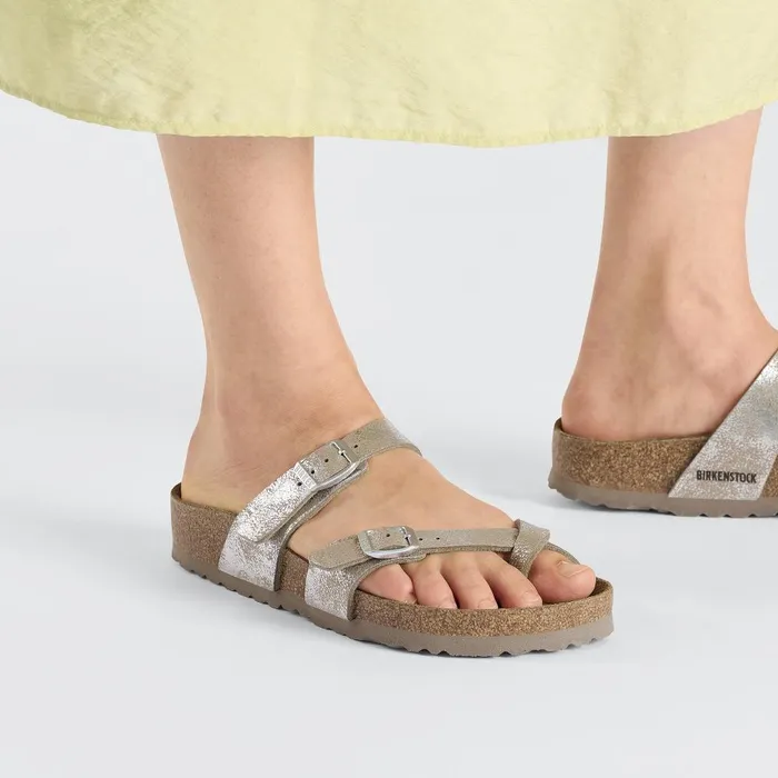 Women Birkenstock Thong Mayari Washed Metallic Silver