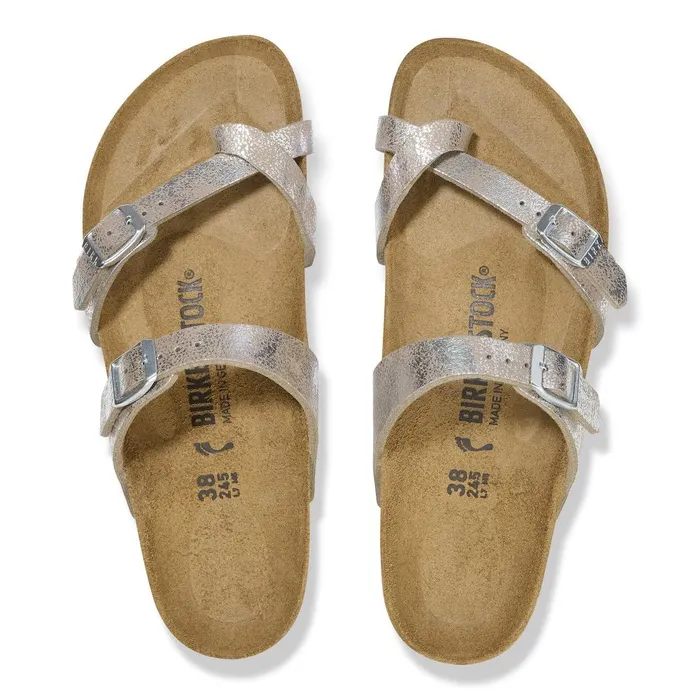 Women Birkenstock Thong Mayari Washed Metallic Silver