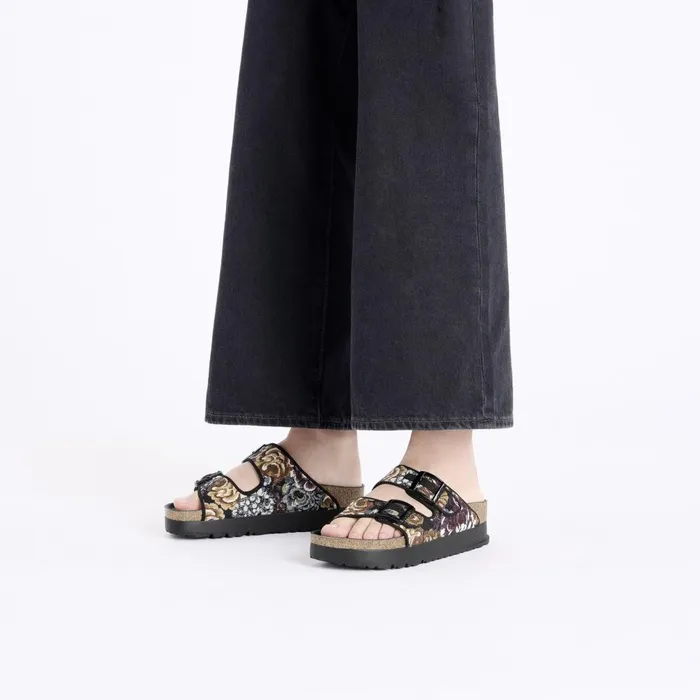Women Birkenstock TwoStrap Arizona Flex Platform Brocade Black